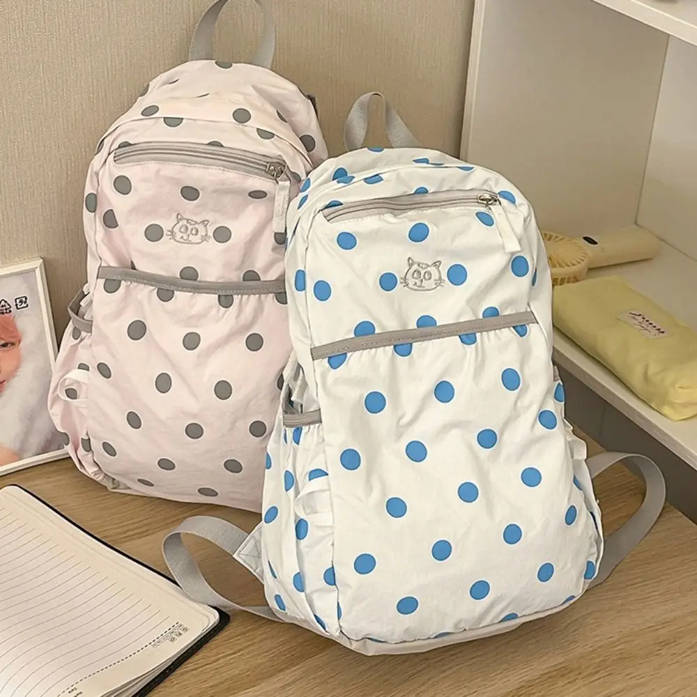 Cute Sweet Polka Dot Backpack Minimalist Embroidered Cat Nylon Rucksack Durable Lightweight Student School Bag Commute