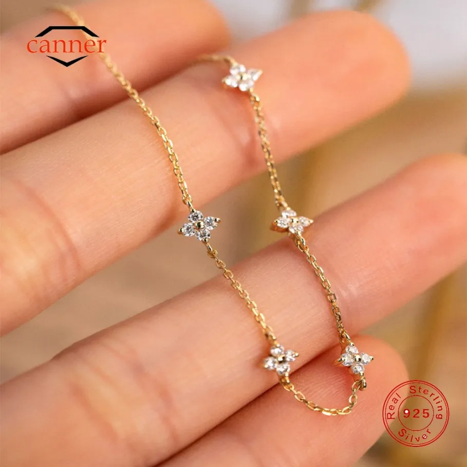 CANNER 925 Sterling Silver Flower Zircon Chain Bracelet for Women 18K Gold Ins Minimalism Bracelet Fine Jewelry Party Gift