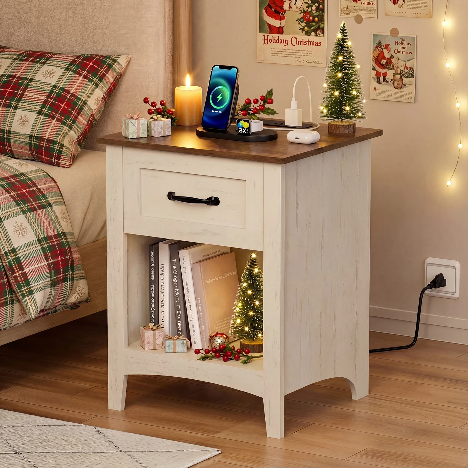 

Farmhouse Nightstand with Charging Station, Modern Night Stand with Drawer & Open Shelf, Wood Bedside Table Night Table