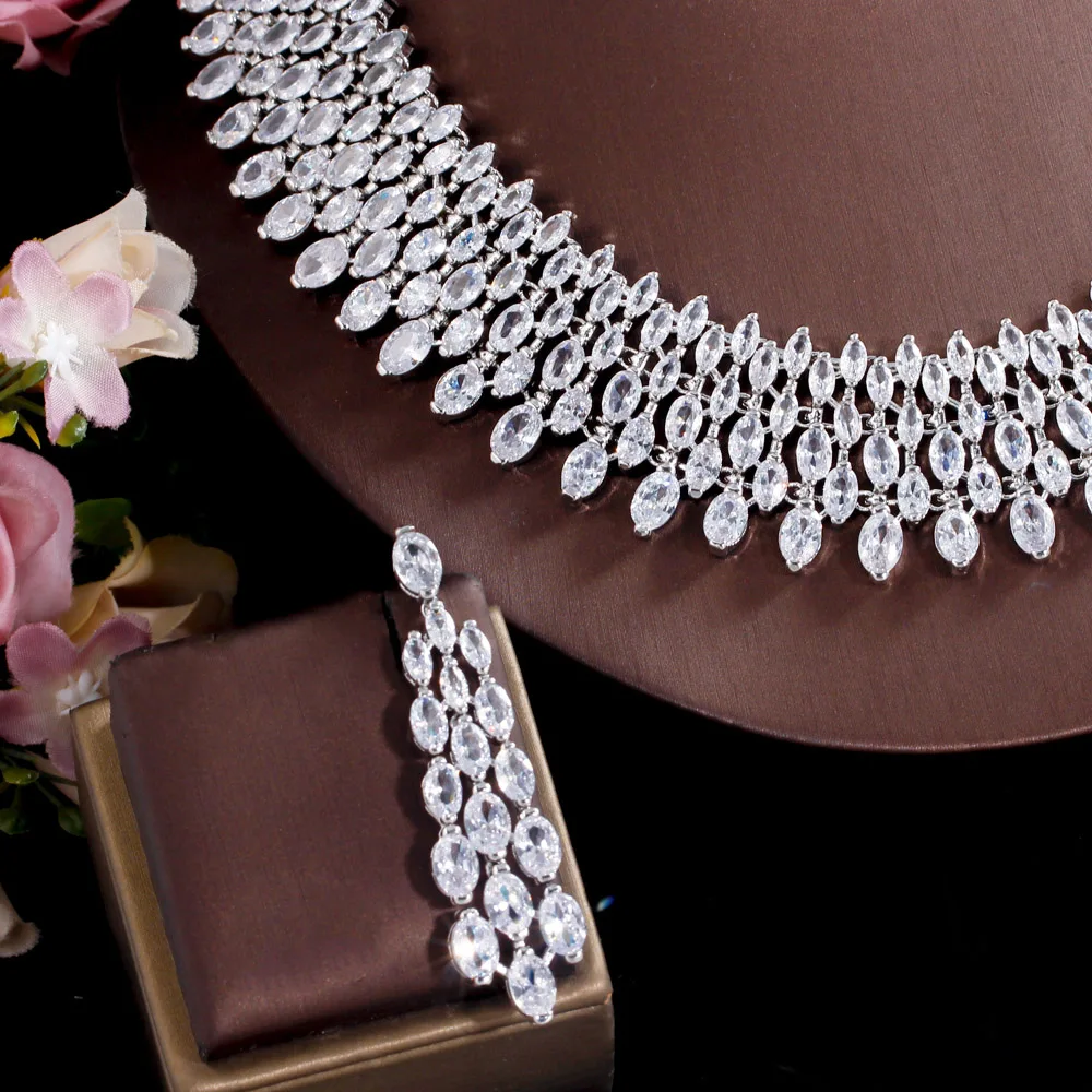 CWWZircons Luxury Chunky Full Cubic Zirconia Paved Dinner Party Bridal Wedding Choker Big Necklace Jewelry Sets for Women T644