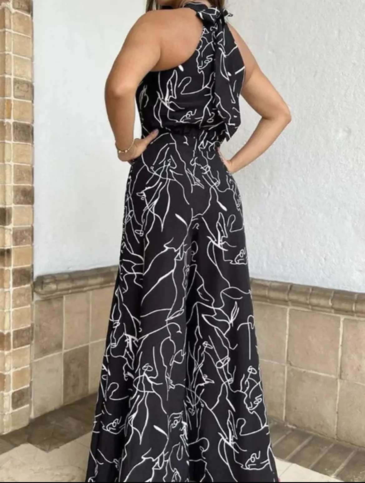 Women Abstract Print Halter Wide Leg Jumpsuit 5