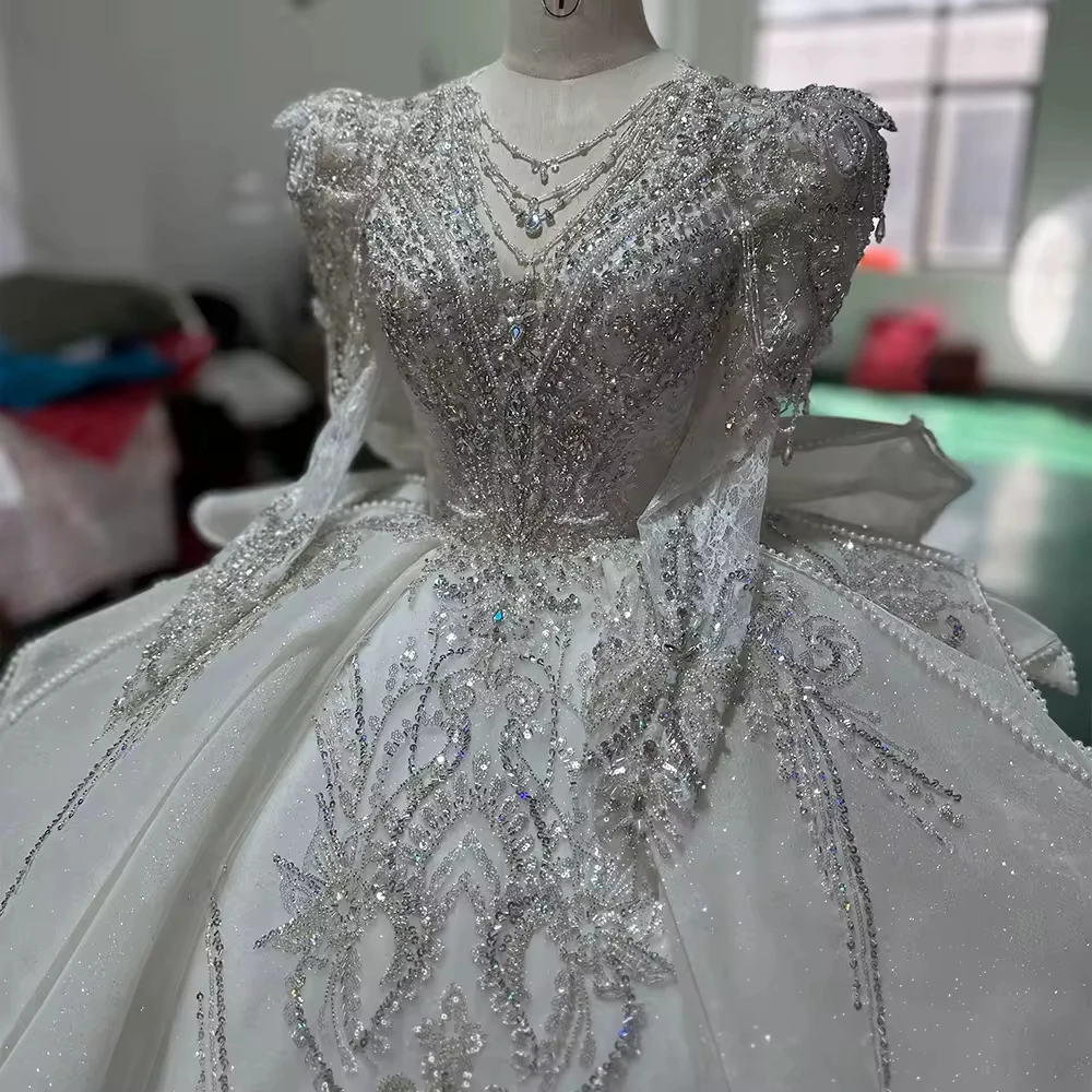 Abito da sposa civile con scollo a V, maniche lunghe, con lacci sul retro, ricamo personalizzato, perline, abito da sposa con paillettes di cristallo
