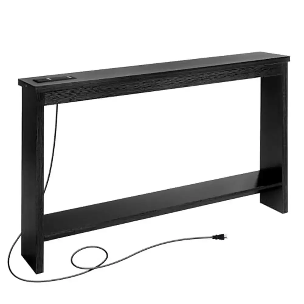 Narrow Slim Console Table with Built-In Outlet USB Ports Black Entryway Sofa Table Small Spaces Storage Display Charging Sturdy