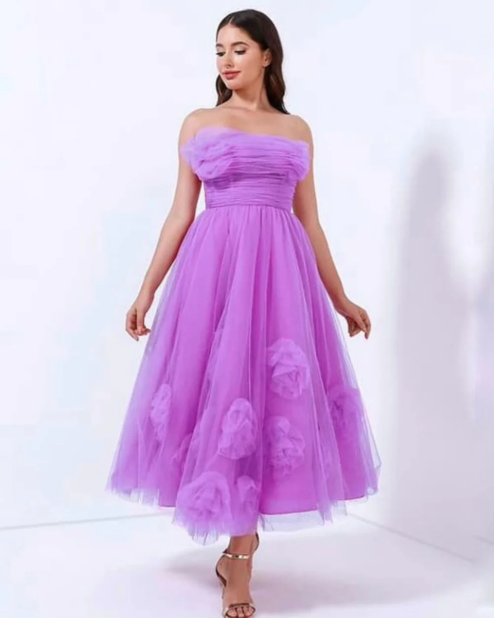 

Изысканный китайский стиль из тюля ручной работы с цветочной складкой трапециевидной формы без бретелек миди платья на заказ модные платья для особых случаев