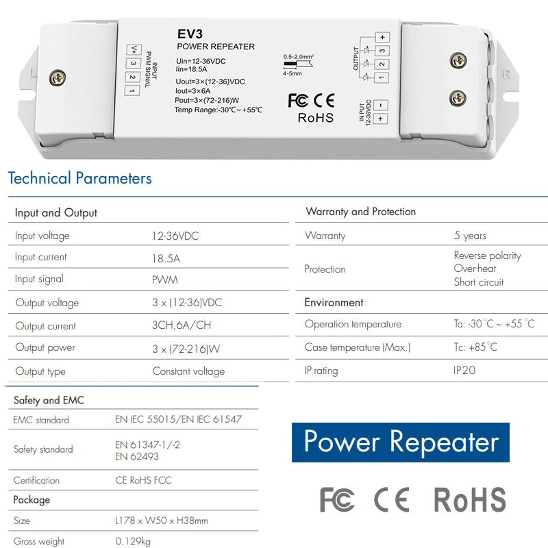 3CH*6A 12-36VDC Power Repeater EV3  3 Channel, 6A Per Channel Apply To Single Color or RGB Constant Voltage LED Strip or Module