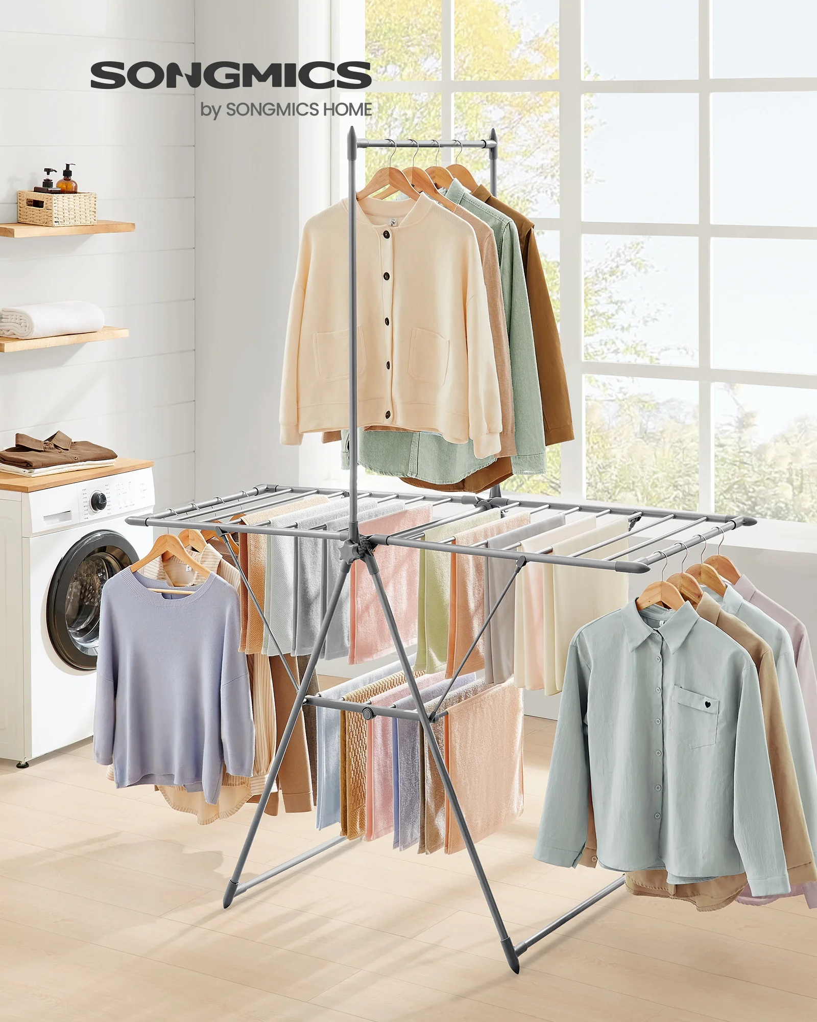 SONGMICS Foldable 2-Level Laundry Drying Rack Free-Standing Clothes Drying Rack