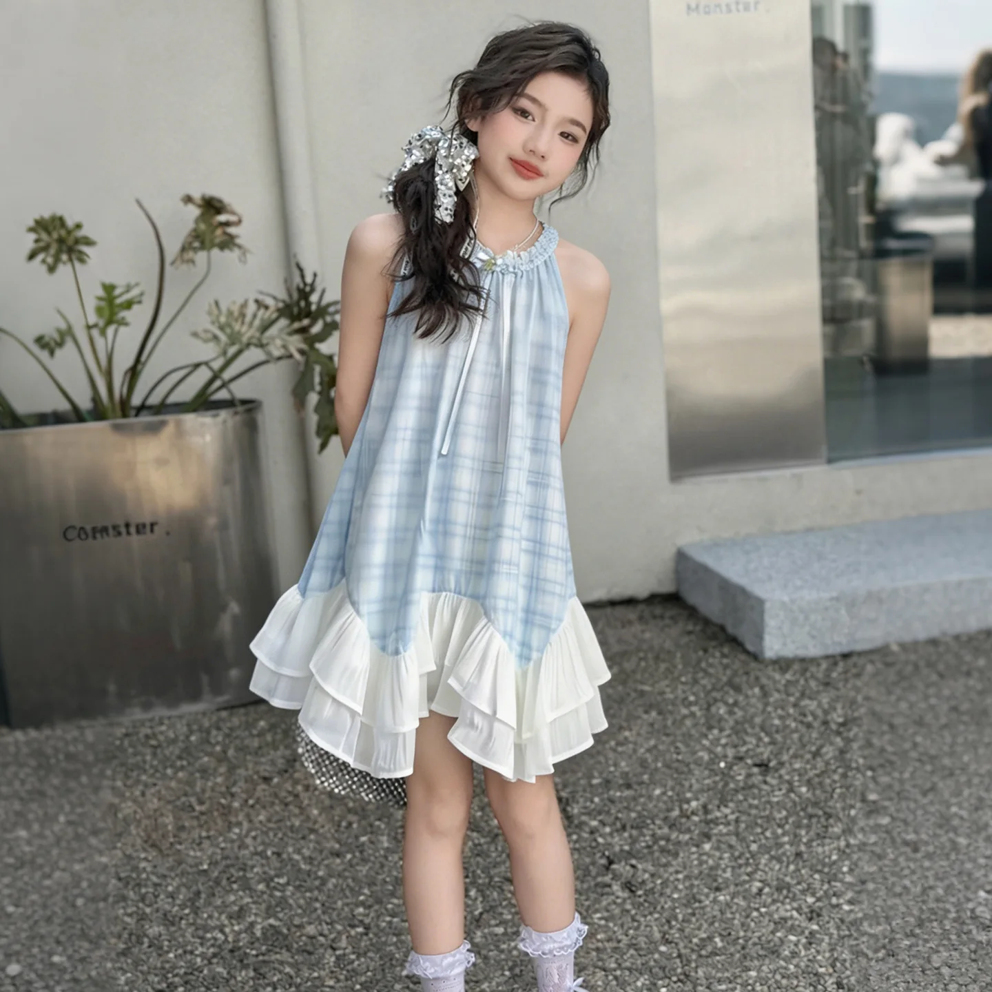 Summer Sleeveless Bow Plaid Kid Party Mesh Princess Girls Mid Long Teenager Sky Blue Patchwork Dress 4 8 10 12 14 Years 2026