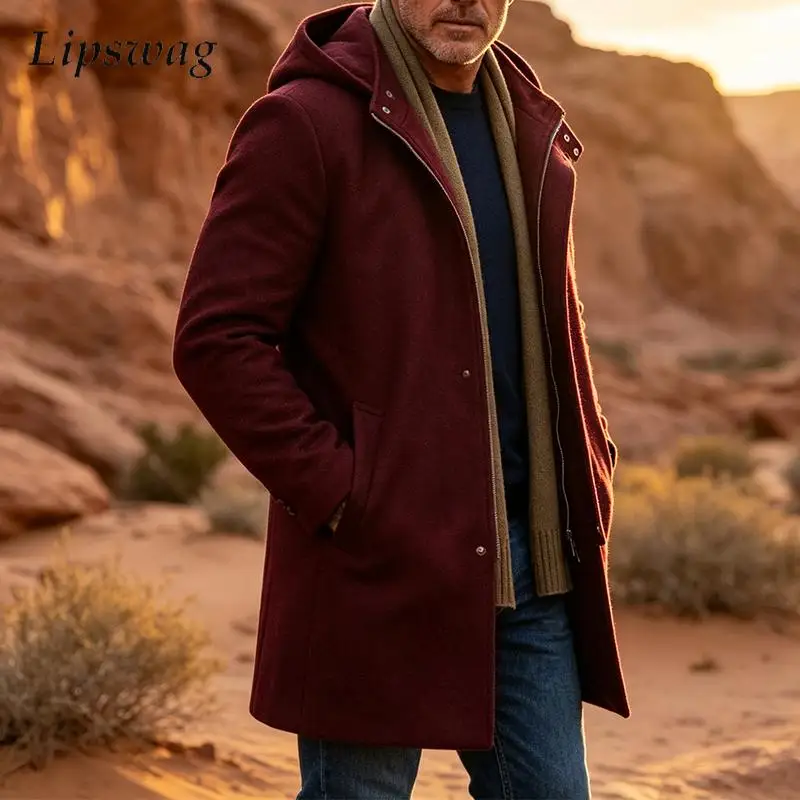 Daily Casual Hooded Woolen Jacket Fashionable Solid Color Long Sleeve Mid Length Coat 2026 Autumn Winter Street Wear Mens