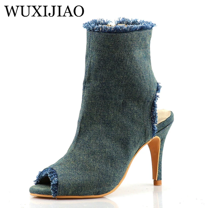 WUXIJIAO New Dance Shoes Denim Classic Blue Latin Samba Cha Cha Dance Shoes Heel Cutout Design Fashion Dance Boots