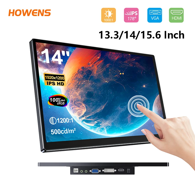 13.3/14/15.6 Inch FHD Touch Monitor 1200P 60Hz Type-C HDMI VGA AV VESA75 Office Gaming CCTV Laptop Second Display With Stand