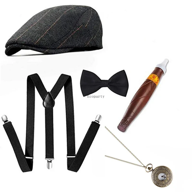 The Great Gatsby Cosplay Costume 1920s Mens Gangster Accessories Set Newsboy Hat Suspenders Armbands Tied Bowtie Drop Shipping30