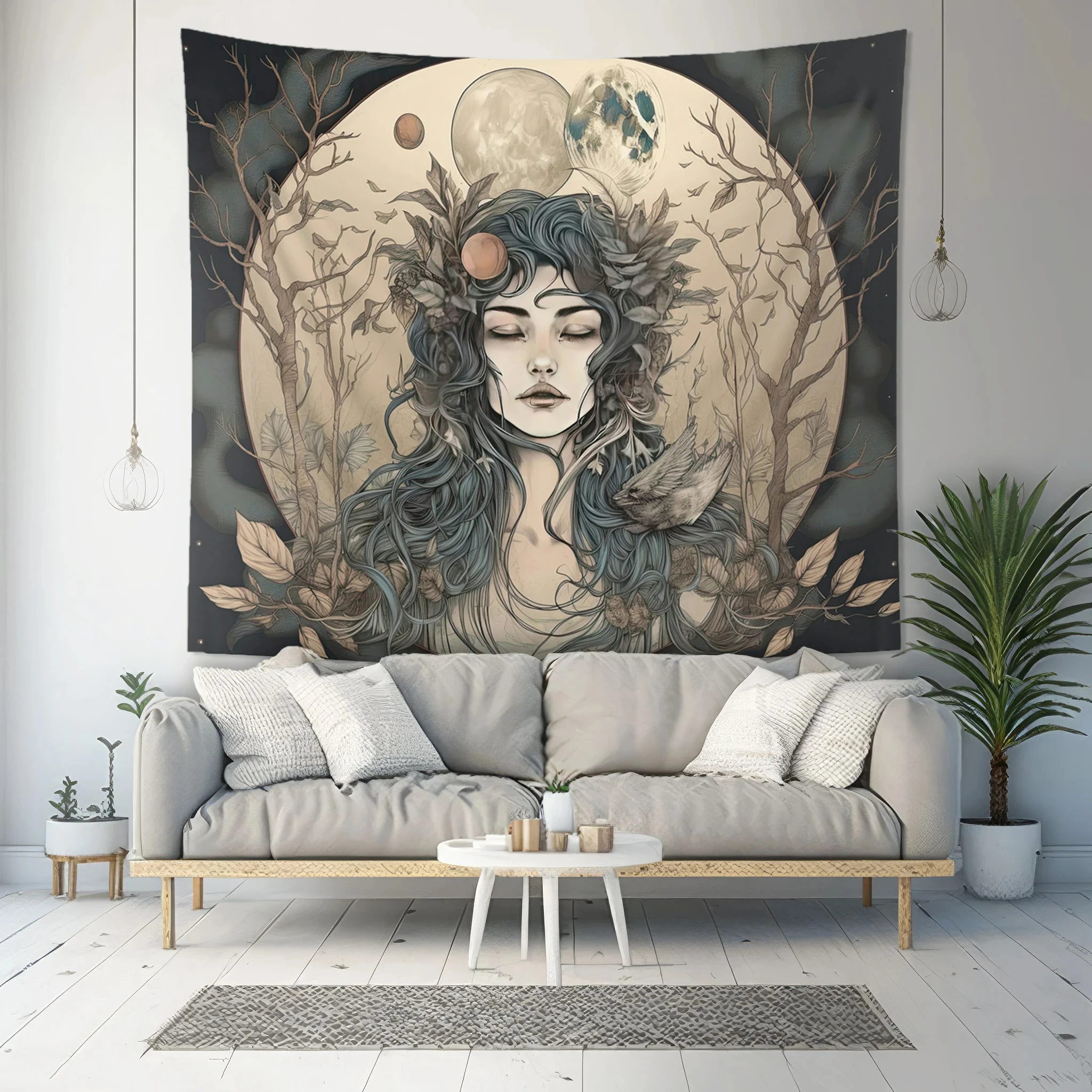 VIKAMA Dark Forest Moon God Tapestry Vintage Background Cloth Witch Style Living Room Decoration Hanging Cloth Room Decoration