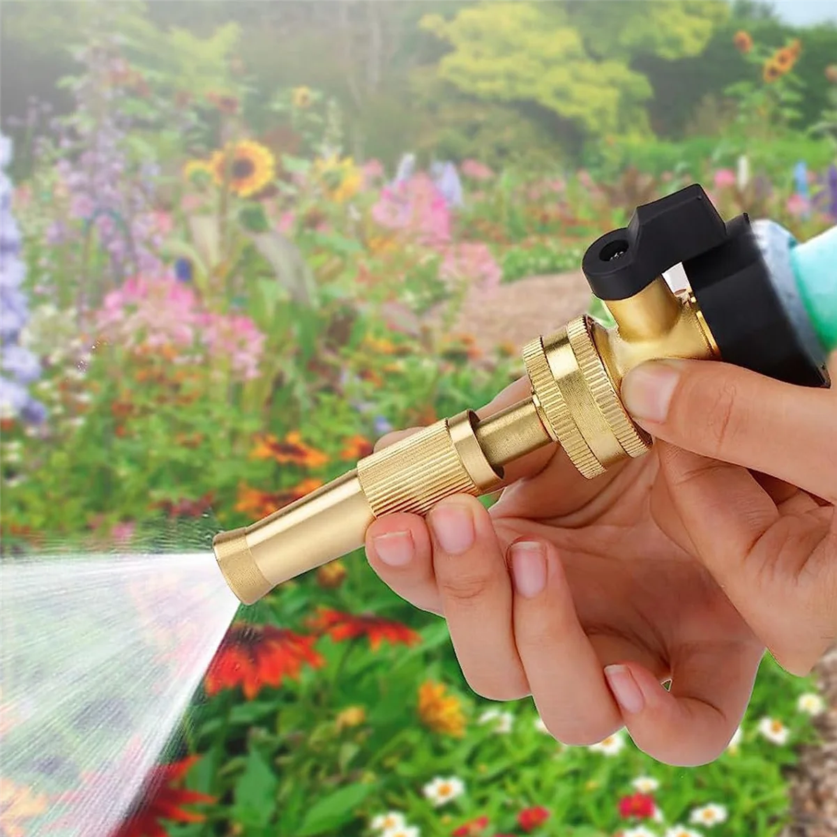 Brass Hose Nozzle with Hose Shut Off Valve Leakproof 3/4In GHT Connector, Adjustable Jet Nozzle for Garden Water Hose