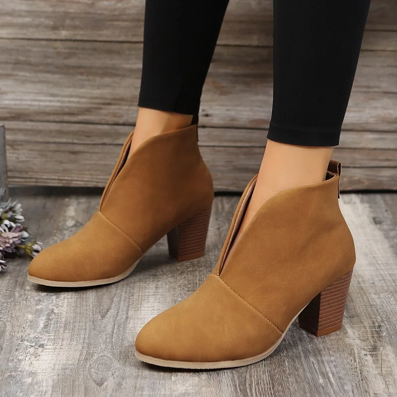 

New Women Boots Ankle Boots V Cutout Stacked Heel Booties Fashion Chelsea Boots Ladies PU Botas Zapatos Mujer Plus Size Shoes