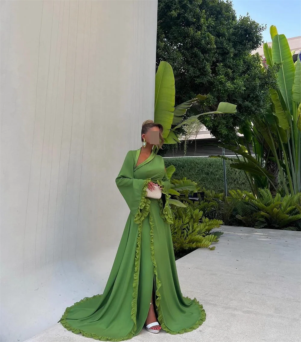 Bella Green Satin Prom Dresses Side Split A-line One Shoulder Wedding Dress Elegant Floor-length Long Sleeves Vestidos De Fiesta