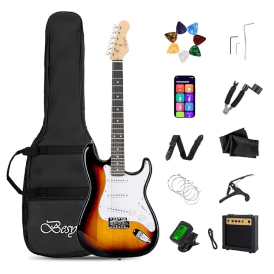 

Beginner electric guitar kit for practice and performance: 39-inch full-size body, alder wood construction, sunburst finish, in
