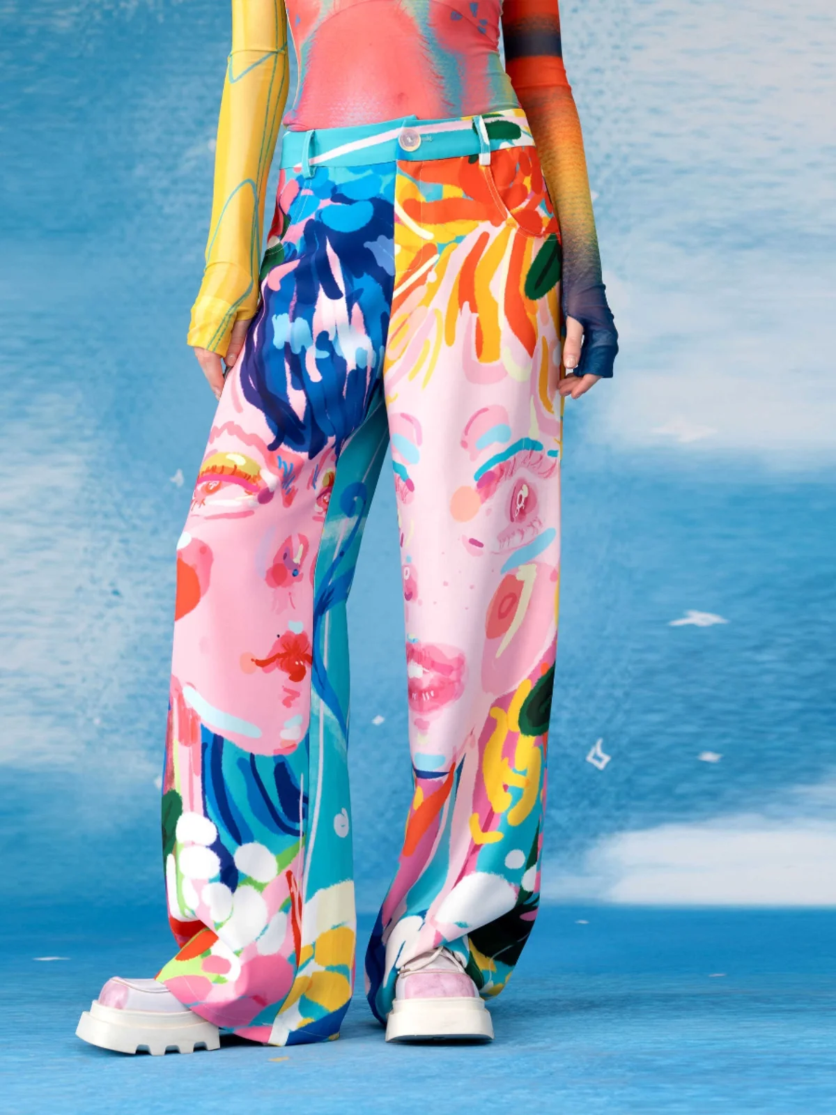 

Monsssstar Original Design Lightweight Breathable Summer Printed Face Pattern Long Pants Women's Casual Straight Leg Trousers