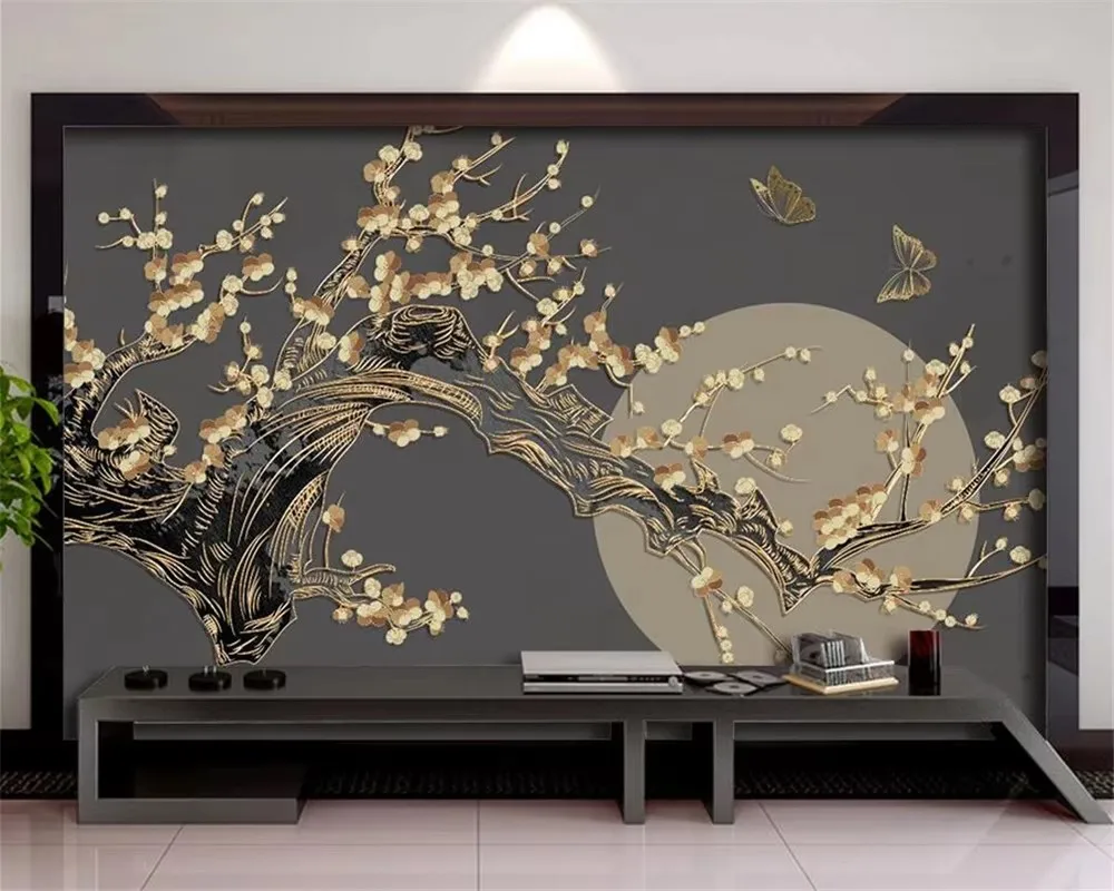 

Custom wallpaper murals Chinese style plum blossom bright moon golden line background wall painting home decoration 3d wallpaper