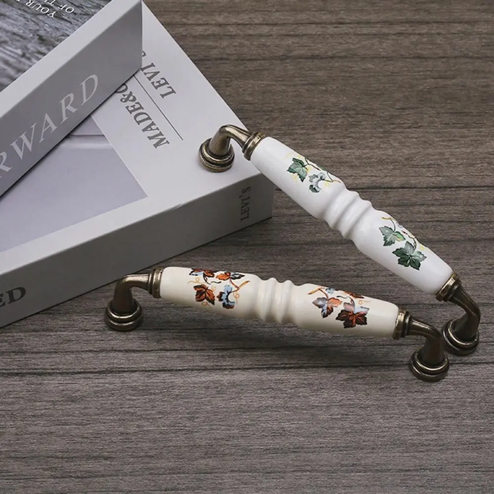 Zinc Alloy Ceramic Cabinet Handles Antique Bronze Wardrobe Door Handle Green/Red Leaves European Knobs Drawer Pulls