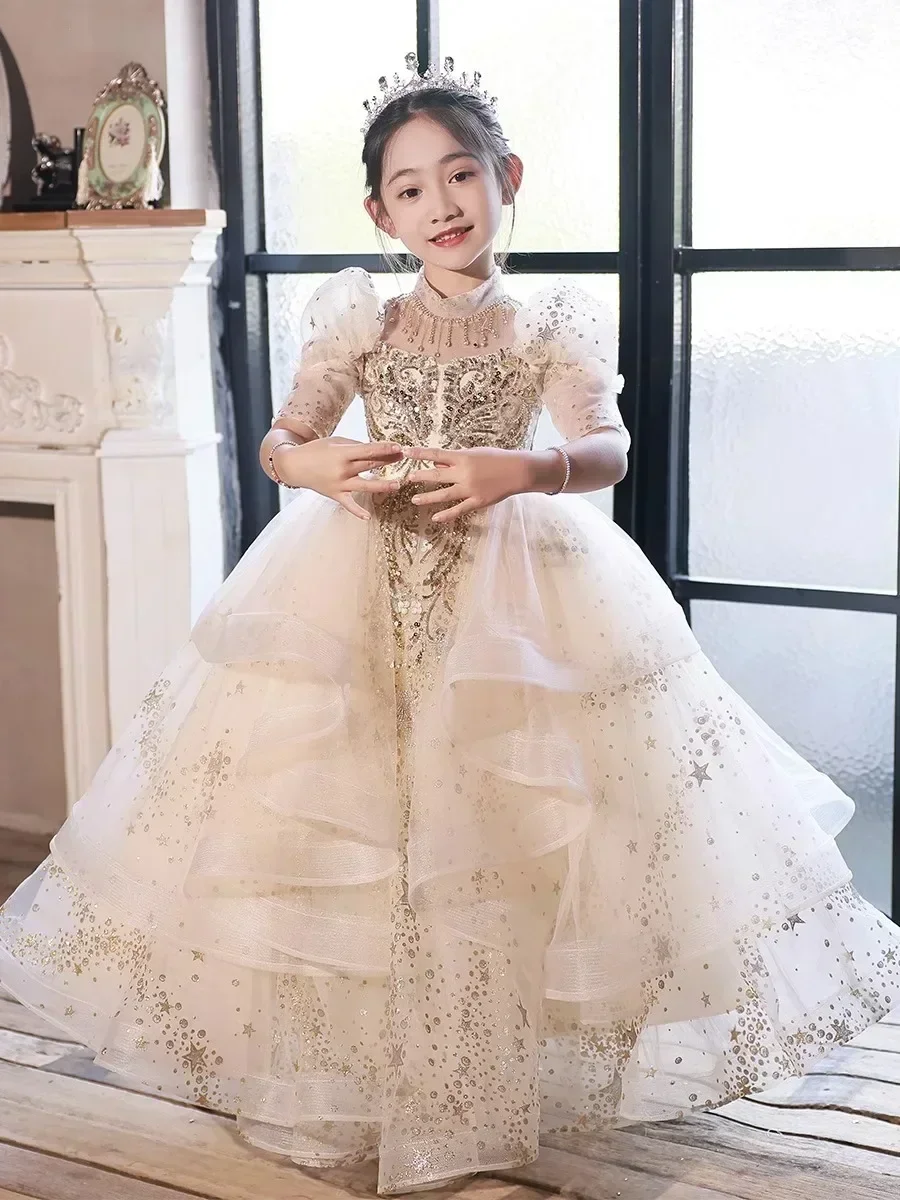 Kinder Hochzeit Blumenmädchen Hochzeit Mädchen Gastgeber Prinzessin Klavier Performance Kleid Frühling