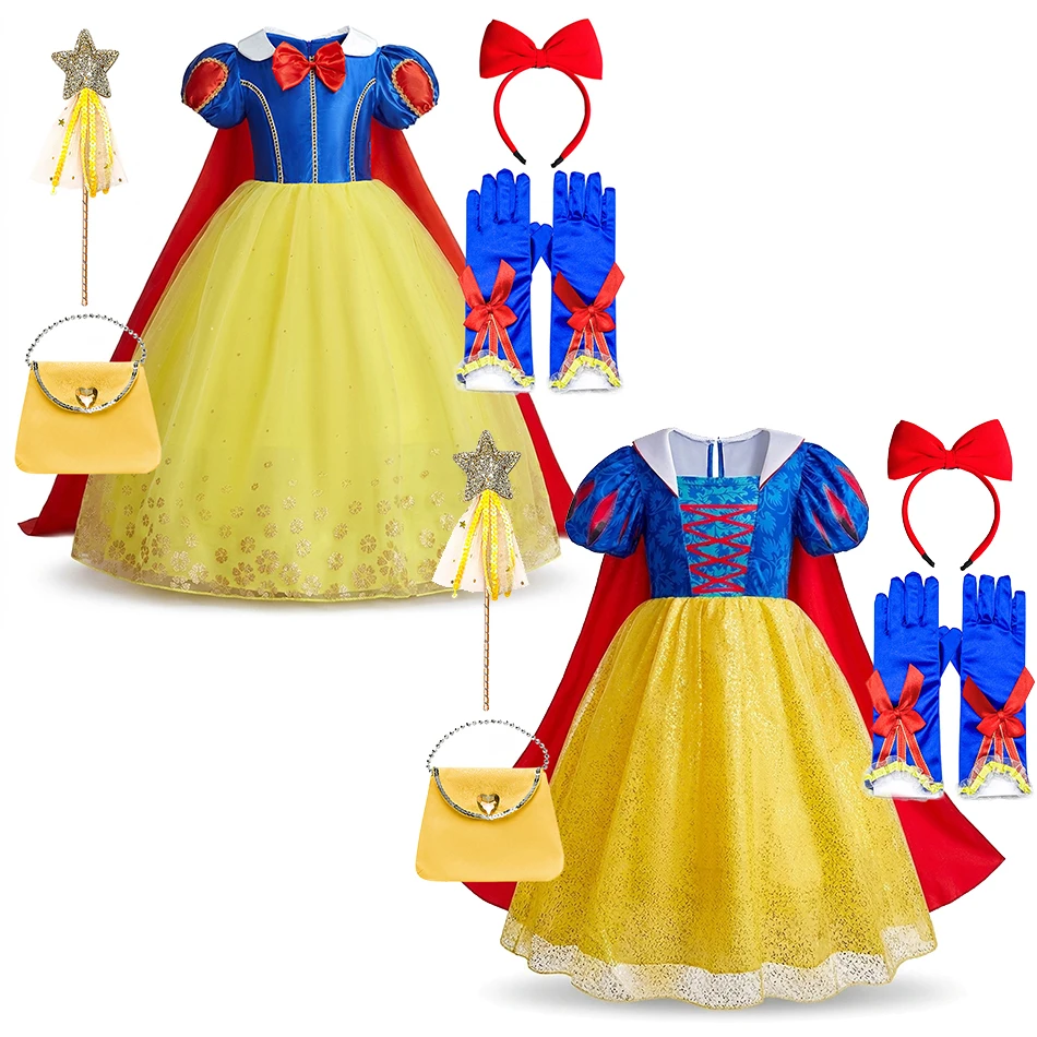 Girls Princess Costume Set with Cape Wand Gloves Headband Yellow Blue Fairy Tale Party Dress Kids Birthday Halloween Book Week
