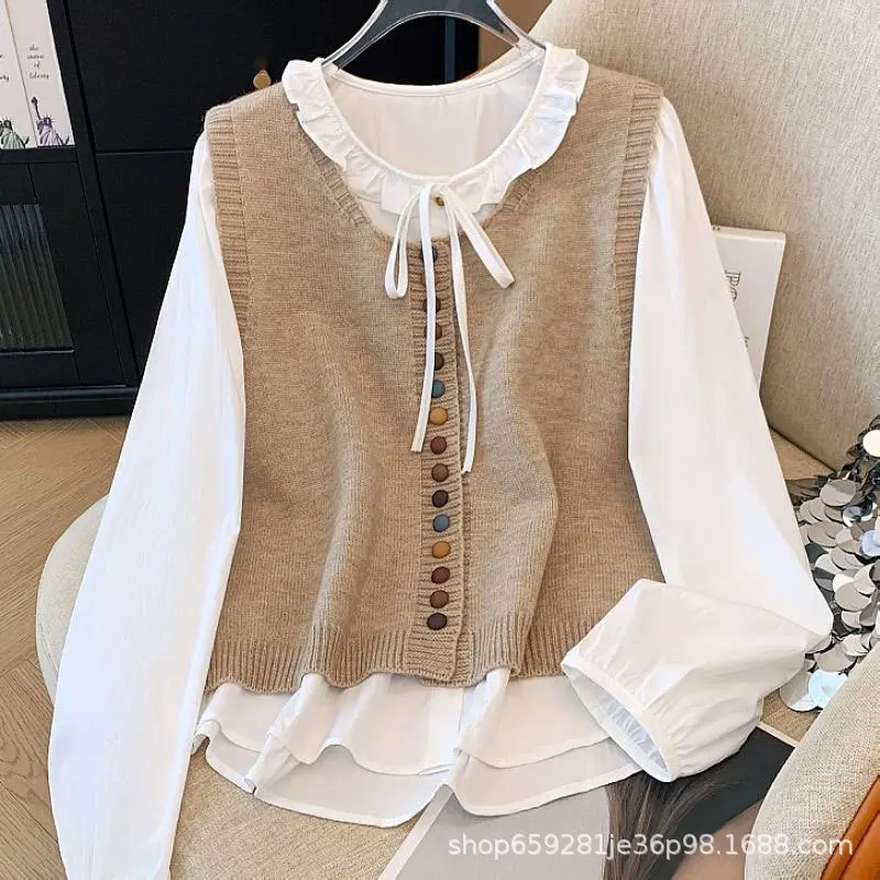 

Korean Retro Fake Two-piece Rainbow Button Knit Vest Patchwork Shirt for Women's Autumn New Sweet Top