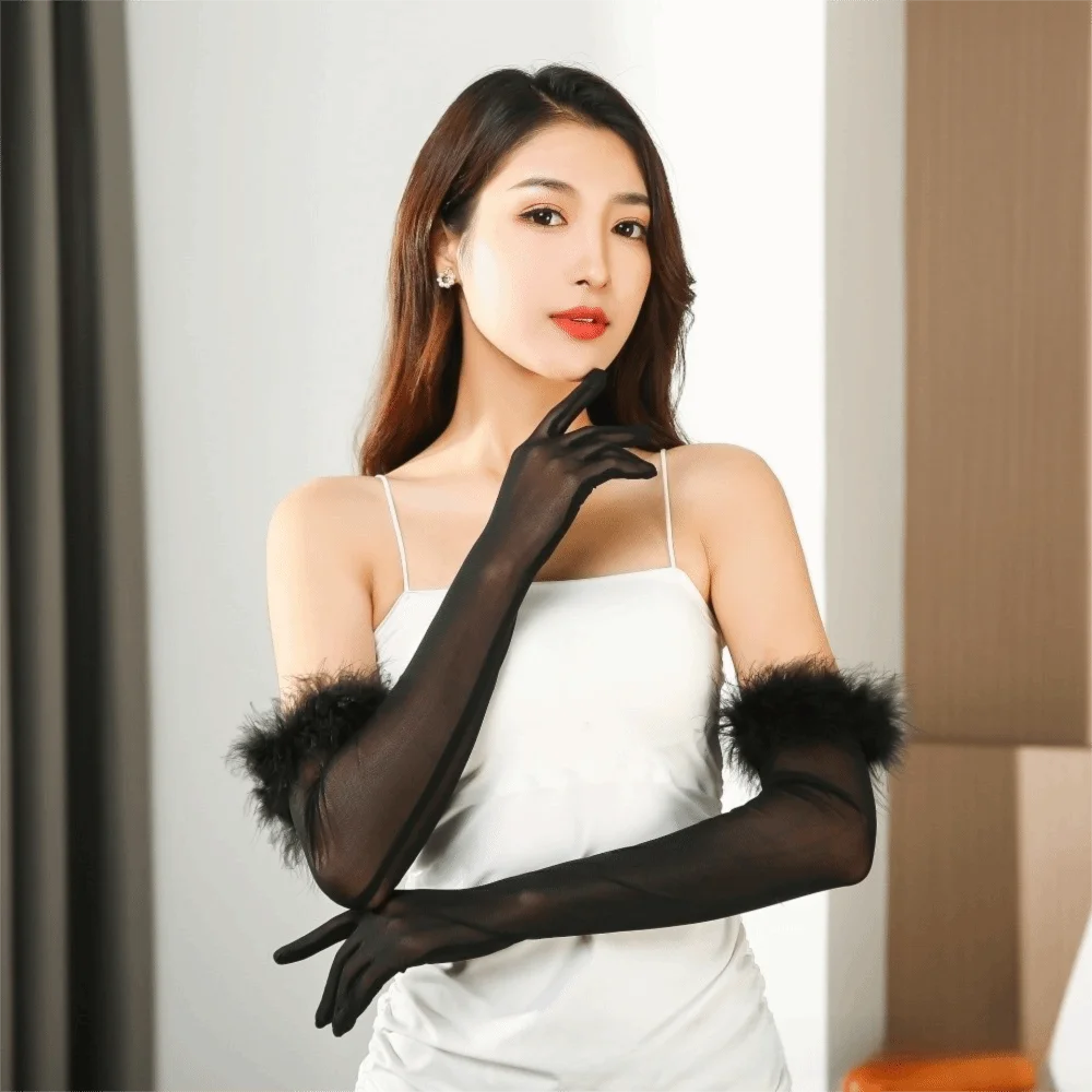 Elegant Silk Feather Gloves Solid Color Transparent Long Gloves Thin 55CM Bridal Gown Accessories NightClub