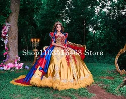 Fantasy Quinceanera Dress Prom Gowns Snow White Gold Applique Lace Crystal Beaded Sweet 16 Dress Vestido De 15 Quinceañera