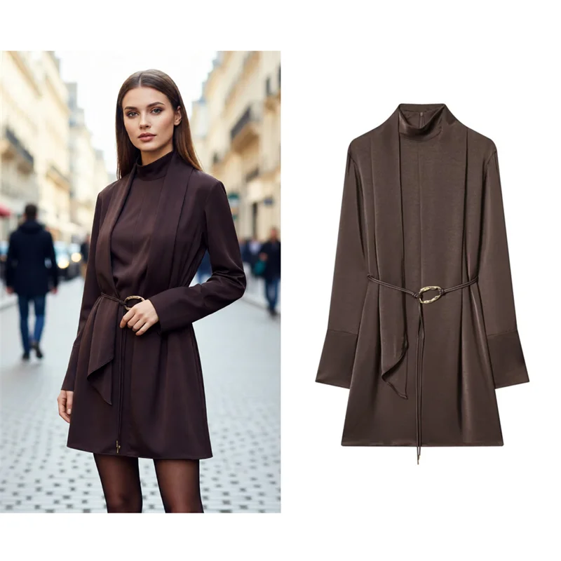 Nouvelle robe vintage en satin à col montant et ruban pour femme, style urbain, collection 2026