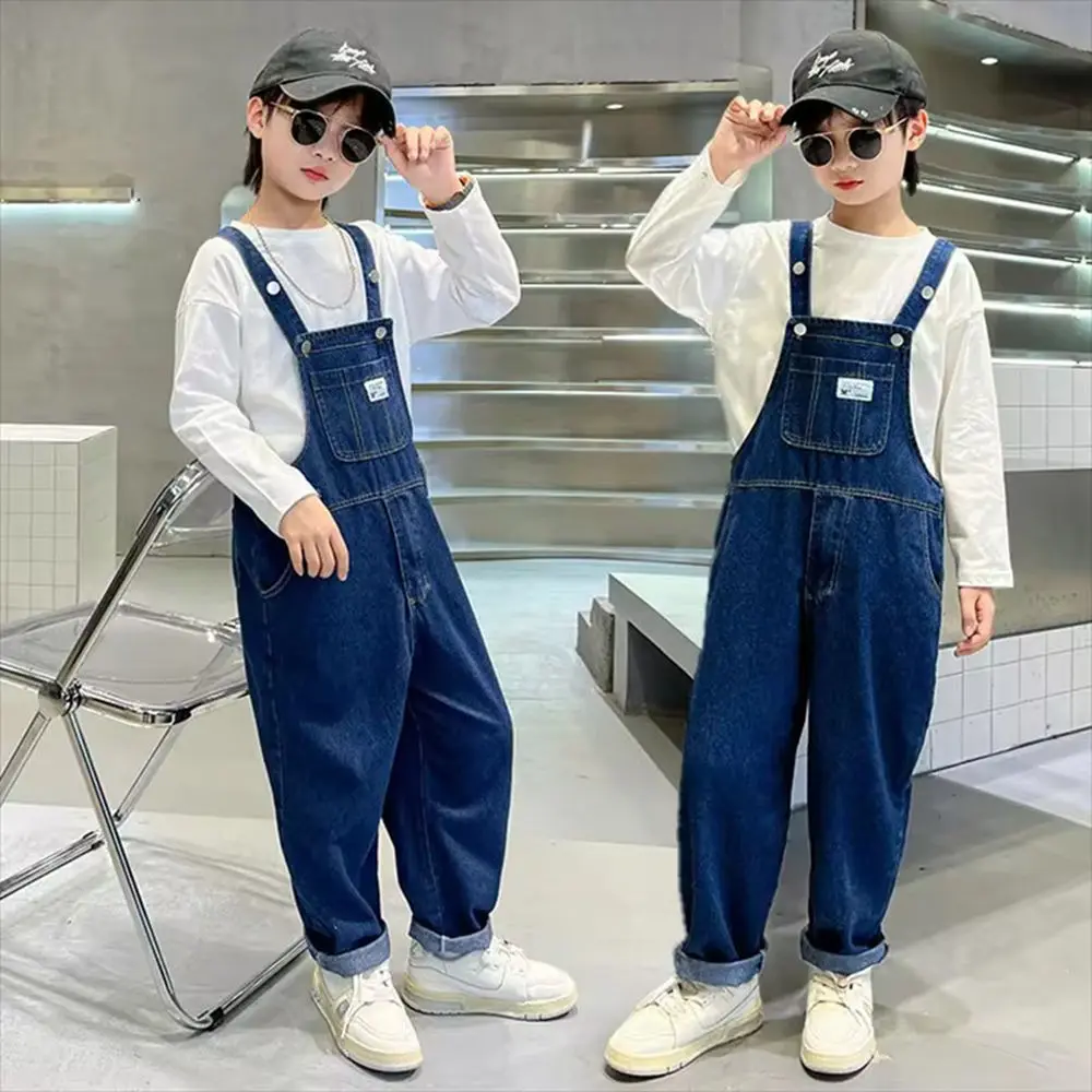 

Ретро-комбинезон в корейском стиле синего цвета для детей, повседневные джинсовые штаны на подтяжках, винтажный комбинезон-полукомбинезон для мальчиков-подростков 4-14 лет