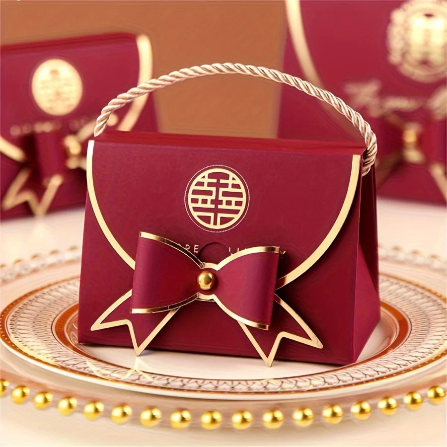 12Pcs Wine Red Paper Box Handbag Boxes Happy Words Exquisite Confectionery  Wedding Celebrations Gifts Pastries