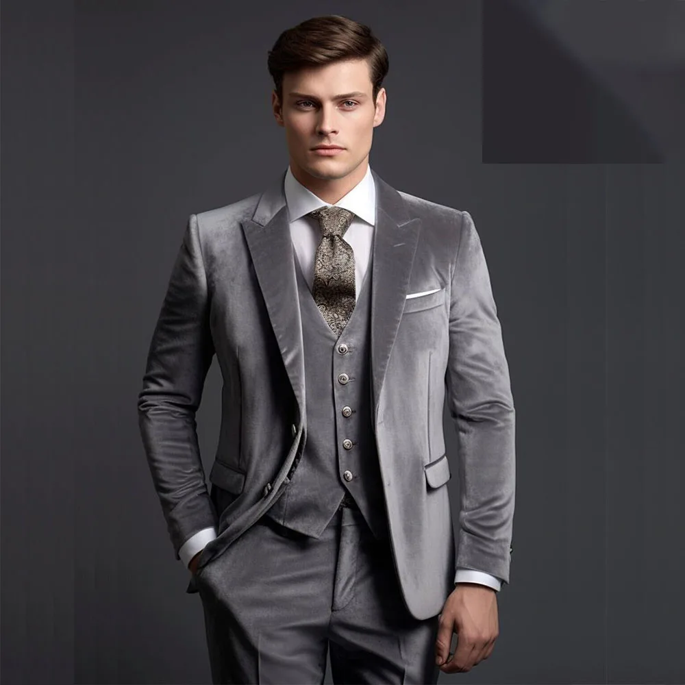 

Elegant Men's Suits Velvet Single Breasted Peak Lapel Slim Fit Male Clothing High Quality 3 Piece Jacket Pants Vest Sets Outfits