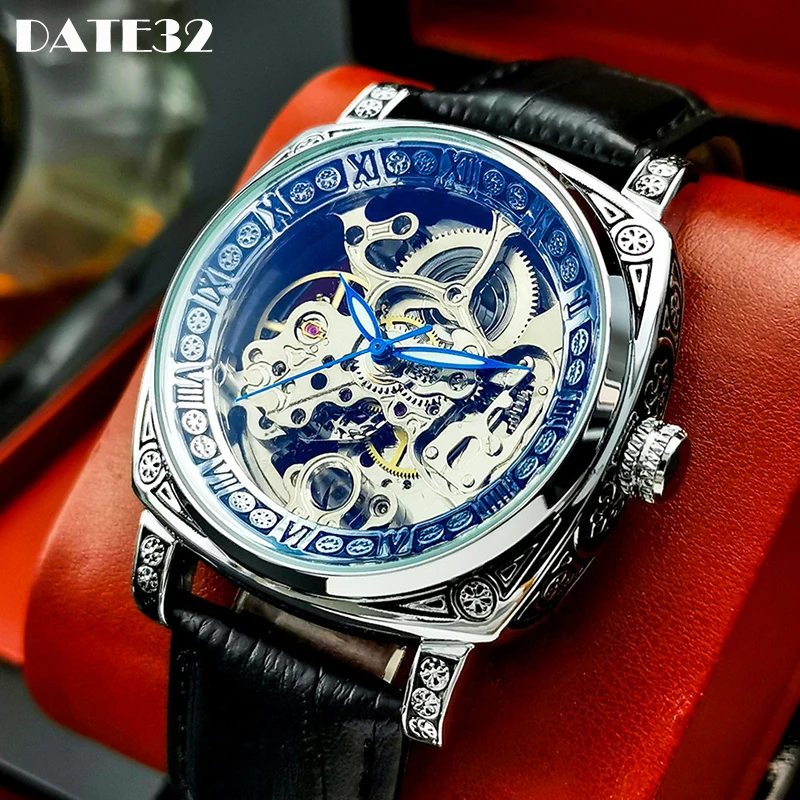 Luxury Automatic Mechanical Watch for Men Steampunk Dial Reloj Men\'s Skeleton Watches Male Square Clock Hombre Relogio Masculino