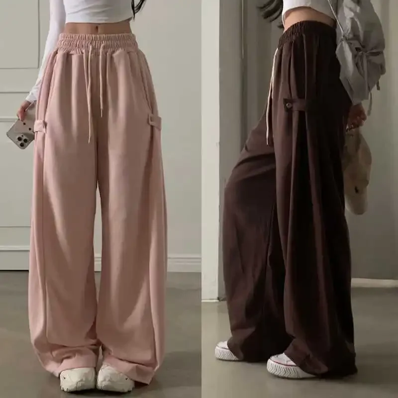 Niche Korean Design Sensibility Elastic Waist Versatile Commuting Casual Trousers Straight Width Office Wear Mid Waist Length