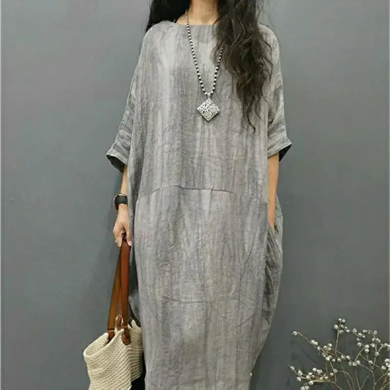 Limiguyue Summer Retro Loose Midi Dress Women O-neck Batwing Sleeve Linen Dresses Literary Pocket Split Straight Vestidos 022P