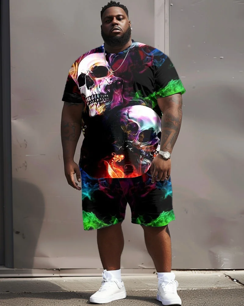 Men's Plus Size Skull Graphic T-Shirt and Shorts Set, Short Sleeve Crew Neck, Blue or Multicolor Prints for Casual Streetwear