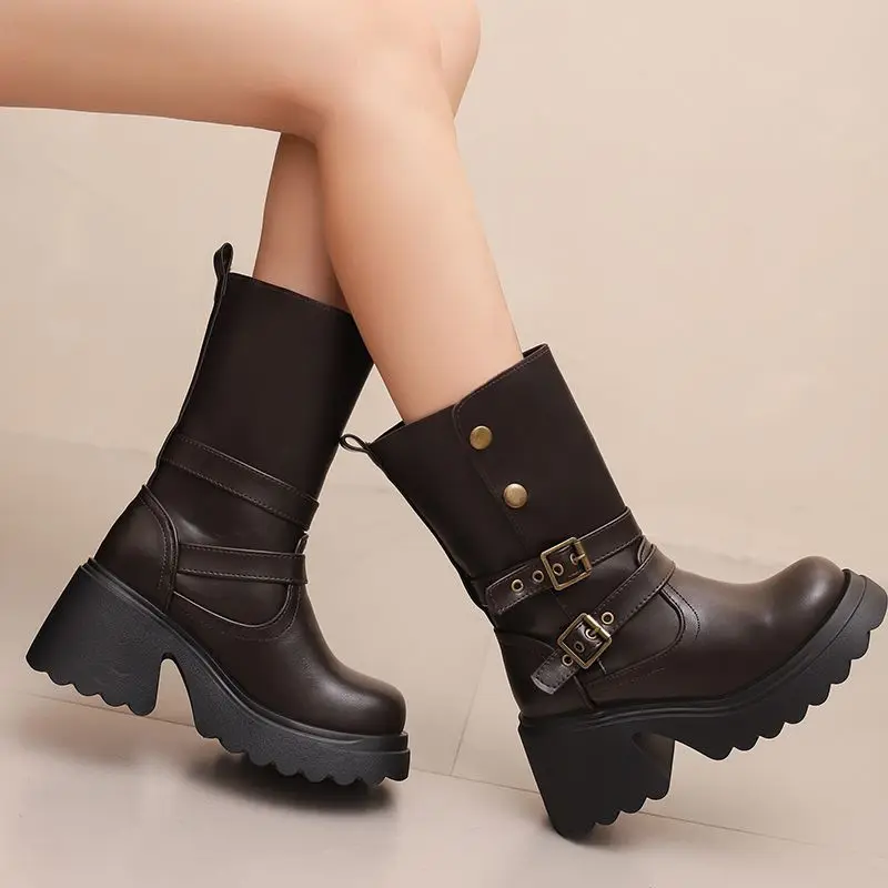 

ORCHA LISA Fashion shoes Vintage Women's Mid Calf Boots Round Toe 8cm Chunky Heel Platform Buckle Accent Brown Plus Size 45 Sale