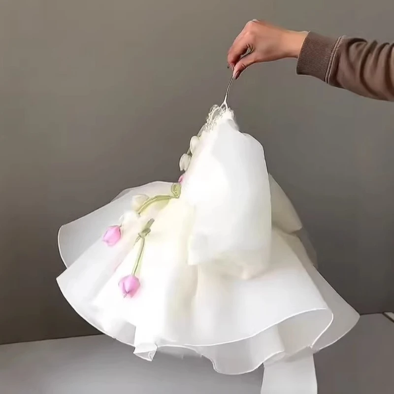 2026 New Children Girls Formal Flower Girl Kids Floral Tulle Tutu Elegant Pageant Summer Costume Dress Puff Sleeve Princess Gown