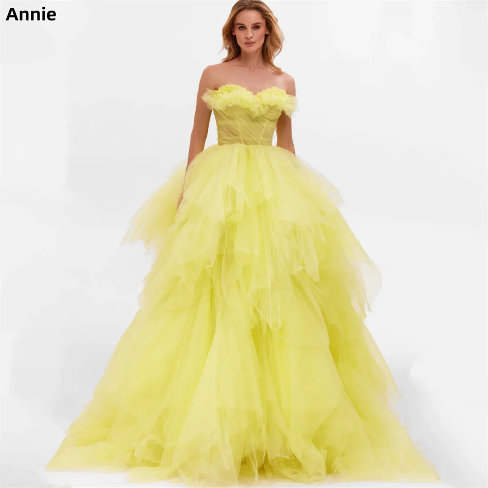 

Annie Yellow Prom Dresses Fairy Tale Lotus Leaf Layering Formal Occasion Dresses Back Strap فساتين للحفلات الراقصة