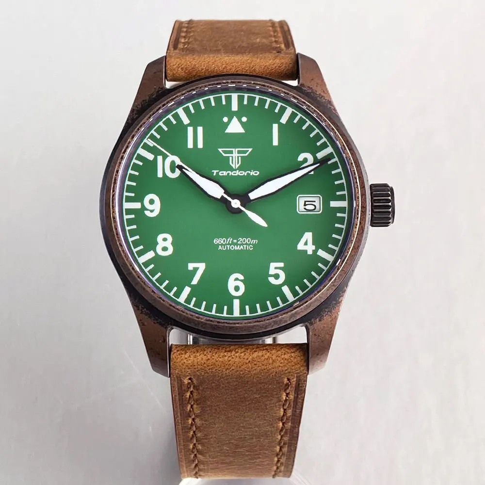 Tandorio 39mm Pilot Orologio meccanico automatico rivestito in bronzo stile vintage NH35A/PT5000 Movimento 200m Vetro zaffiro impermeabile