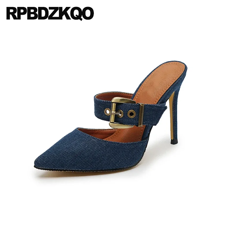 

Slides Half Shoes Jeans 33 Ultra Buckle Pumps Plus Size Stiletto Sandals Mules Slippers Belts High Heels Pointed Toe Denim Women