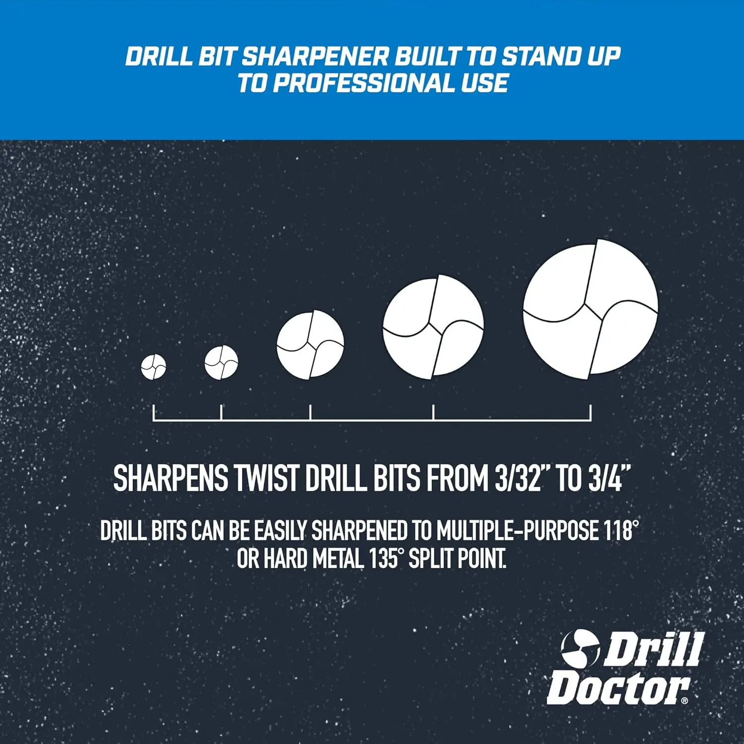 Drill Doctor boorslijper, 3/32–3/4" hoge snelheid, draagbaar - staal, metselwerk, hardmetaal, kobalt, vertinde bits, verstelbaar