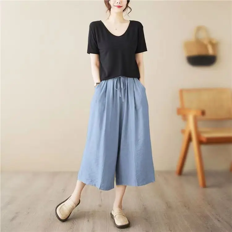 Losse wijde pijpen zeven voet katoen linnen plus size casual broek dames kleur string afslanken hoge taille woon-werkverkeer Sle