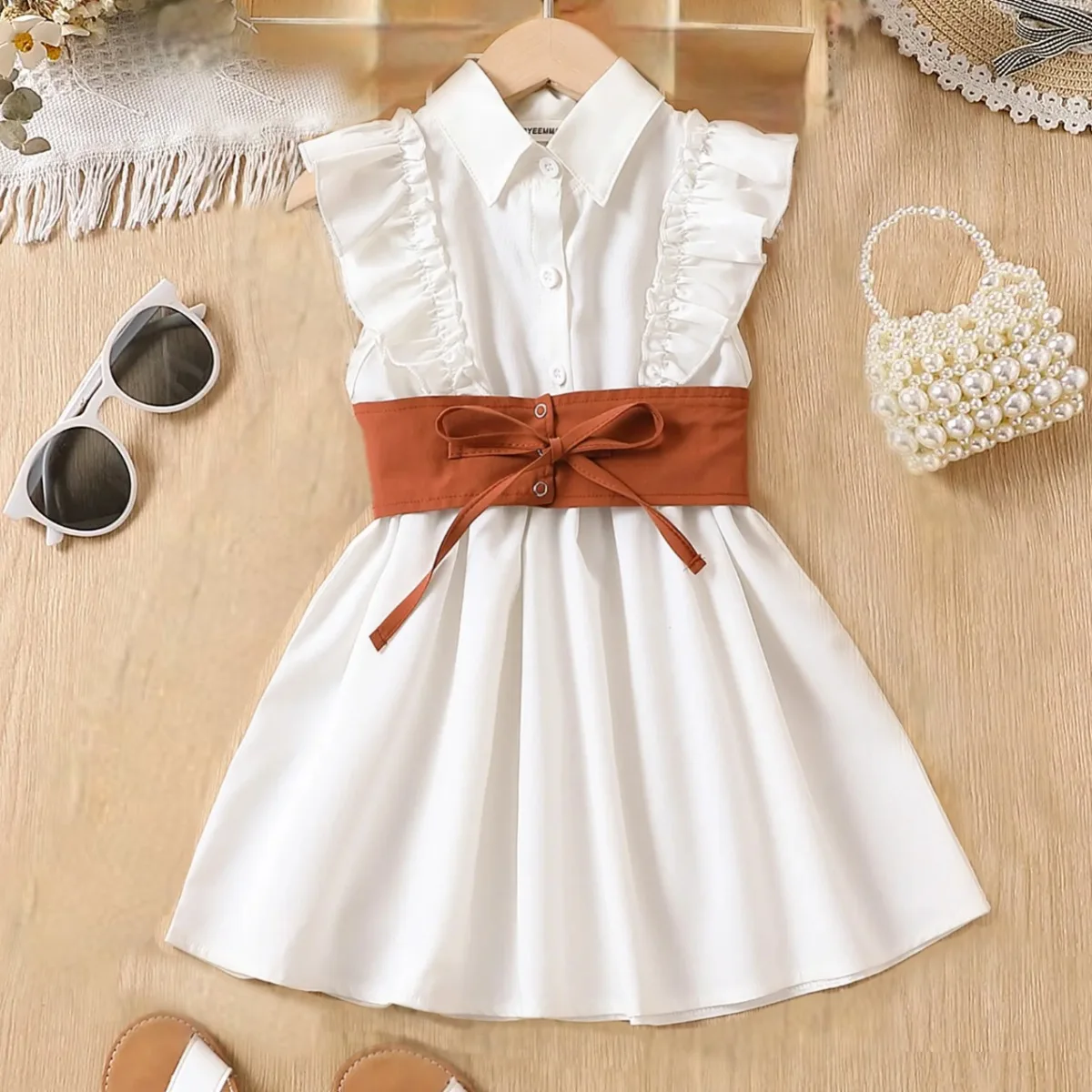 

Princess White Elegant Ruffle Sleeveless Baby Dress Turn Down Collar High Waist Button Spring Summer Kids Party Dresses