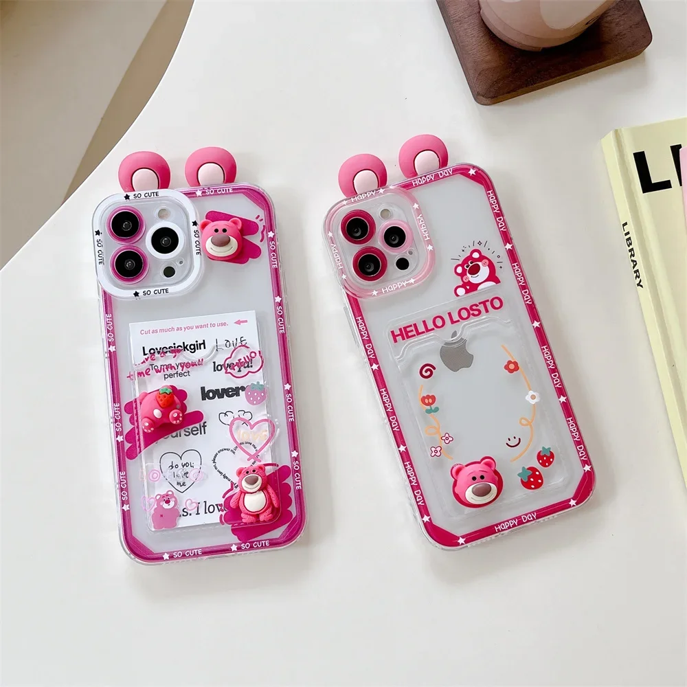 Cute Cartoon Anime Role Lotso Doll Phone Case for IPhone 11 12 13 14 Pro Max X XR XS 7 8 Plus Soft Tpu Wallet Cover Card Holder