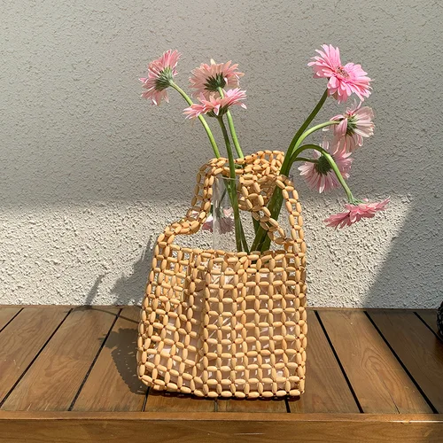 Bolso de verano para mujer, bandolera informal con cuentas, tejido de alta calidad, ahuecado, bolso de playa con cuentas de madera