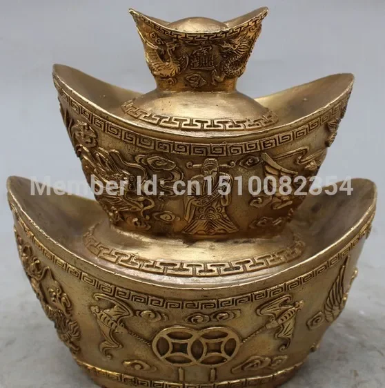 

16CM Marked Chinese Bronze Wealth Money Dragon Phoenix Yuanbao Mammon God Statue