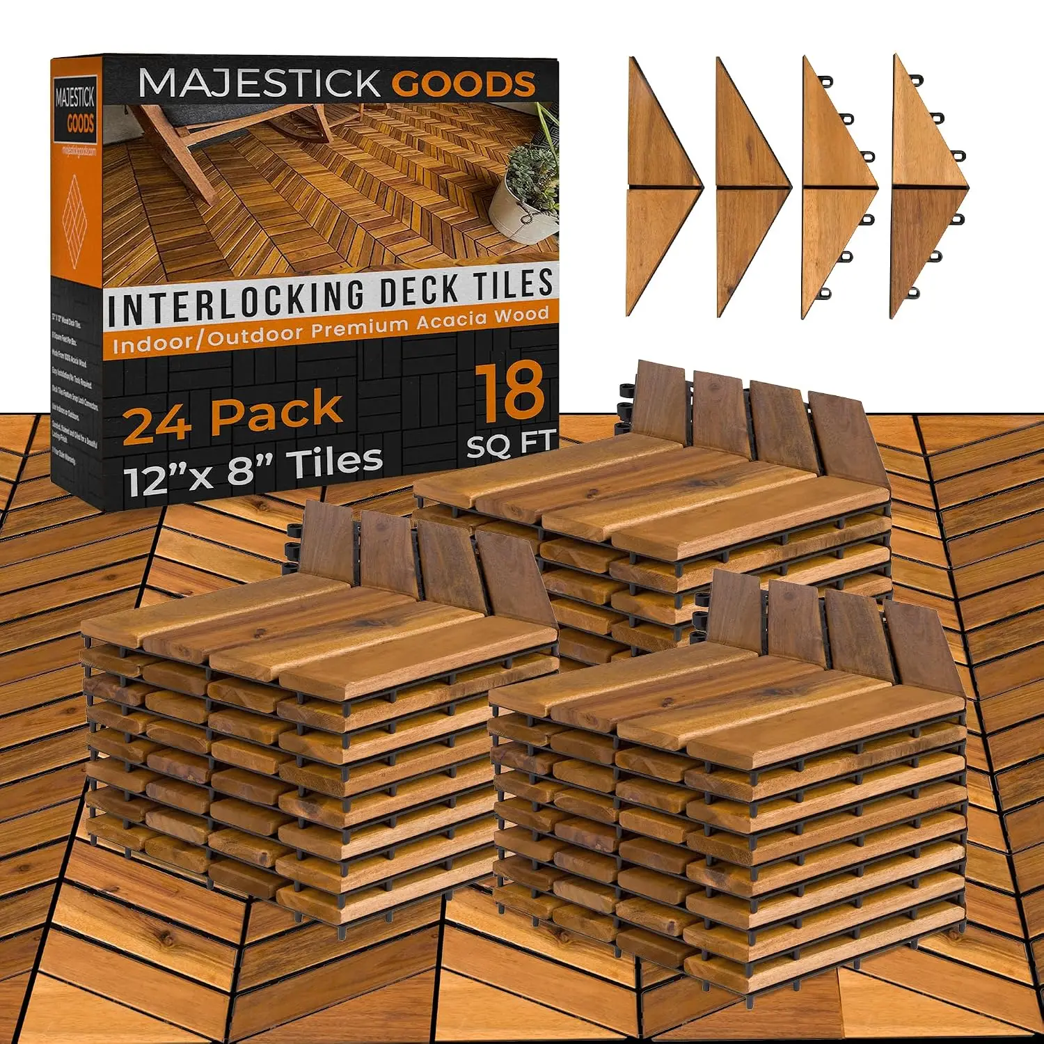 24-Pack Herringbone Acacia Wood Interlocking Deck Tiles | Patio Tiles with 6 Edges, Outdoor Flooring, Porch & Balcony