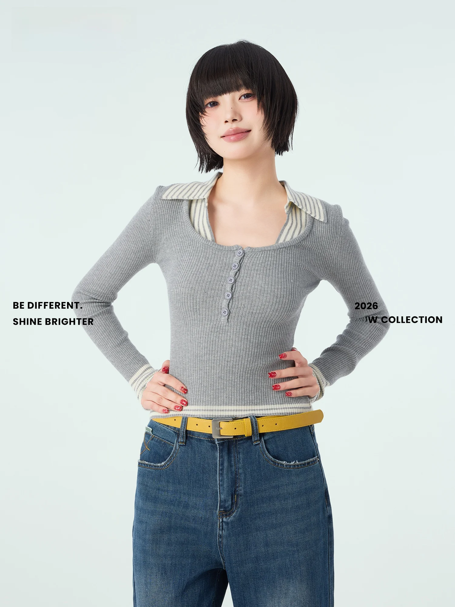 

Didimax Spring New Knitted irt Fake Two-Piece Stand Collar Henry Collar Women Base irt ey Splicing Long Sve Polyeste...