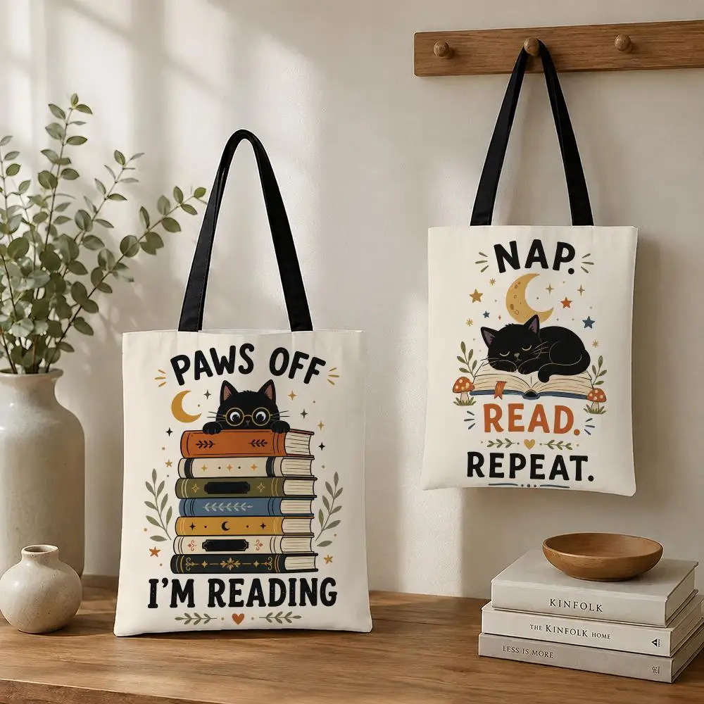 Cartoon Reading Cat Book Storage Bags Canvas tote bags reusable shopping bags perfect for work daily commutes